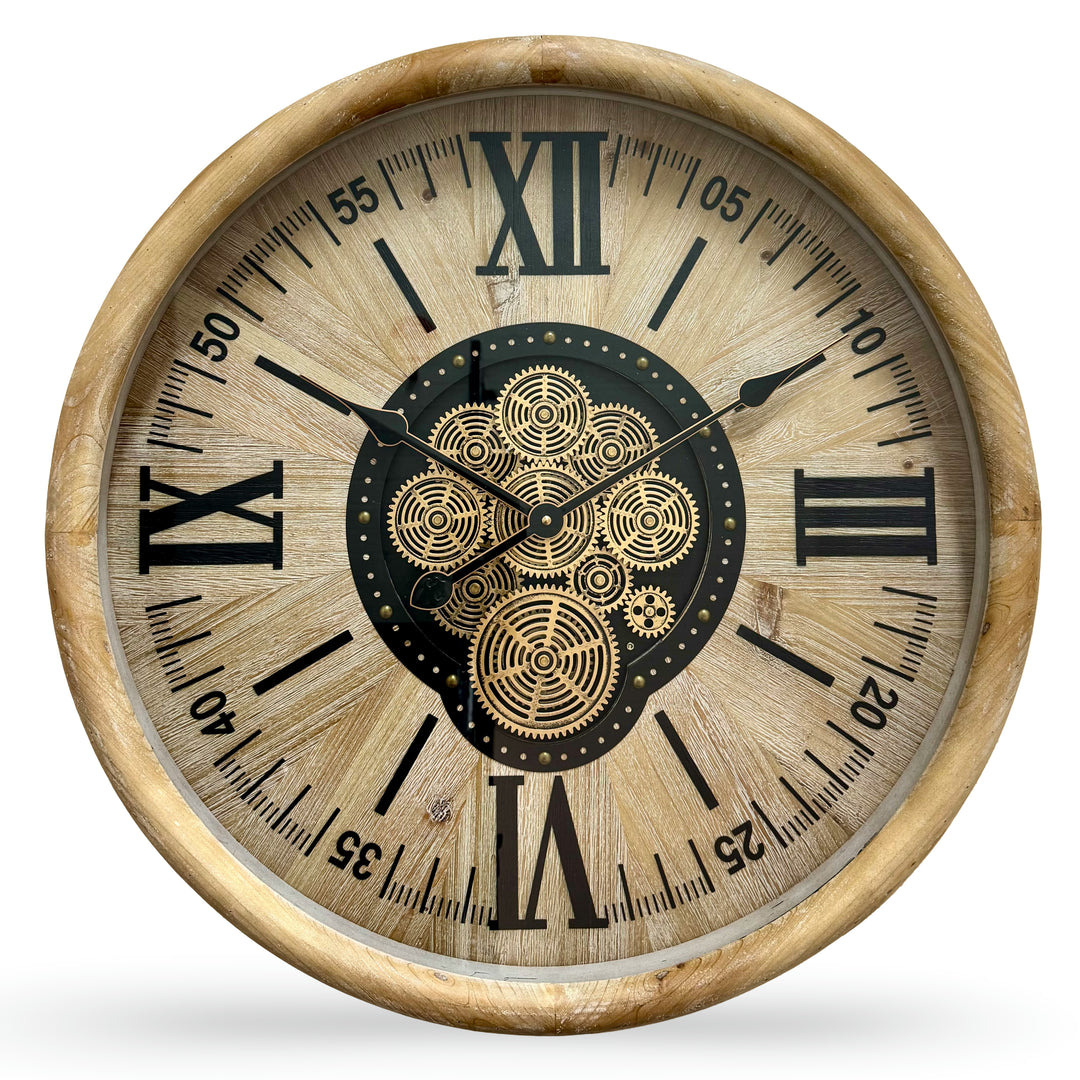 Victory Percy Thick Wood Frame Moving Gears Roman Numeral Wall Clock 60cm CCM-1822 2