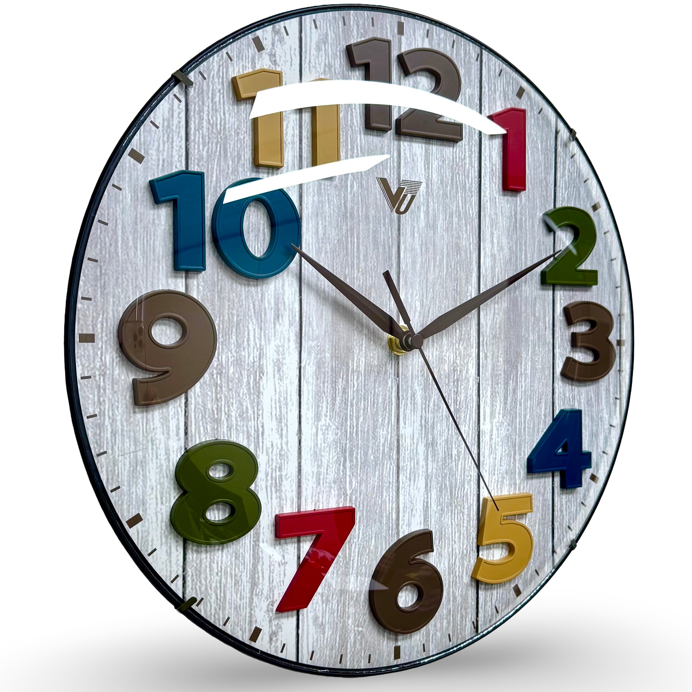 Spritz Colourful Numbers Convex Wood Panel Effect Wall Clock – Oh Clocks