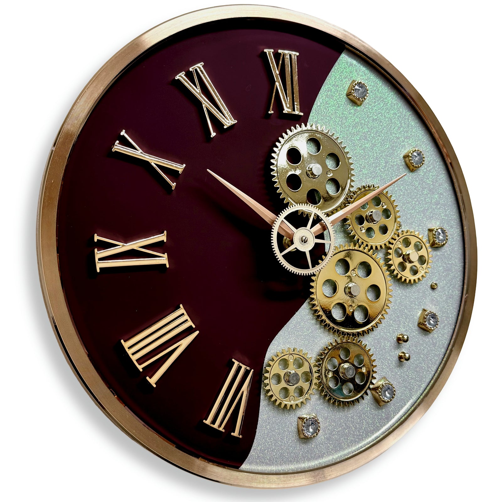 Victory Tasha Convex Glass Moving Gears Wall Clock Burgundy White 36cm CBL-6855BR 1