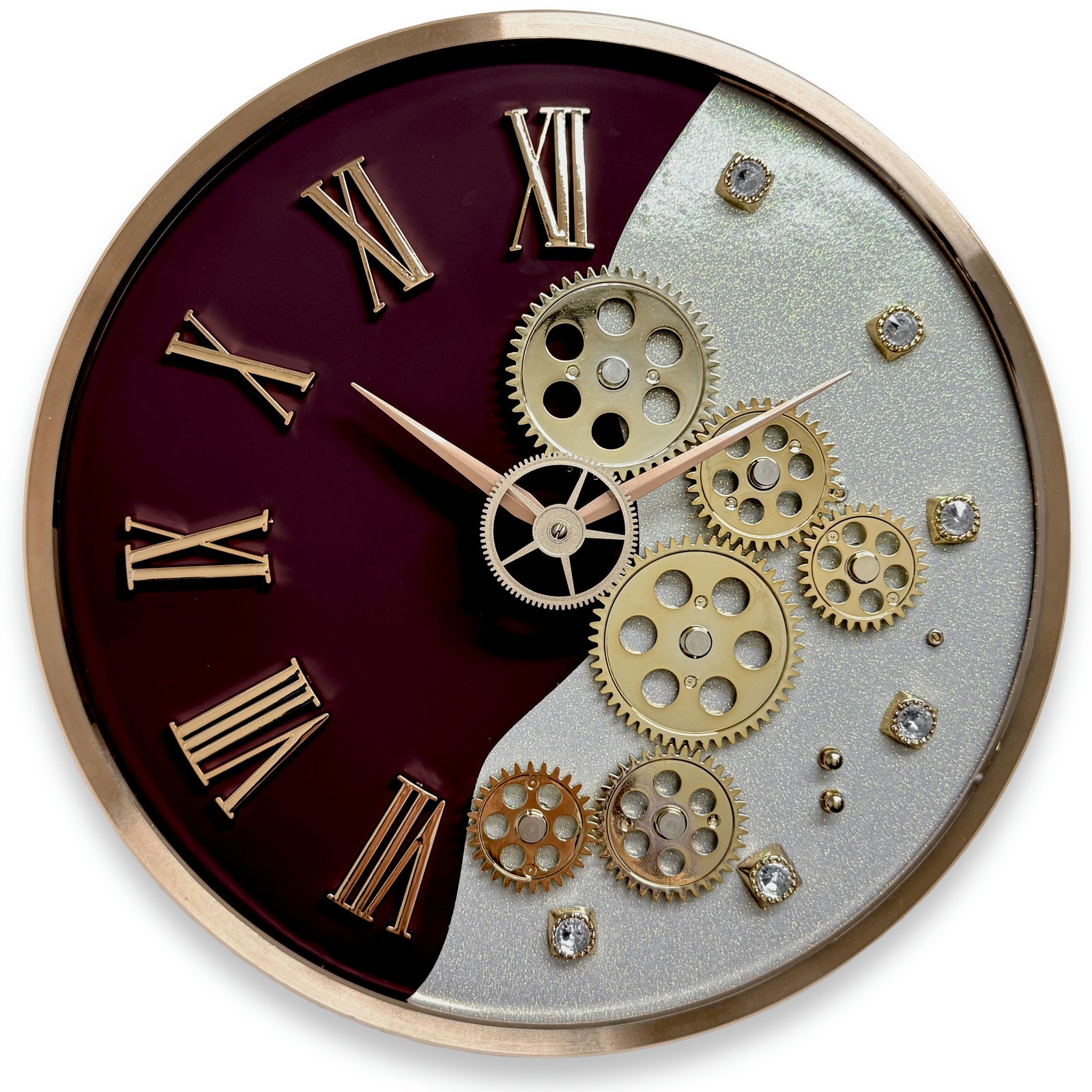 Victory Tasha Convex Glass Moving Gears Wall Clock Burgundy White 36cm CBL-6855BR 2