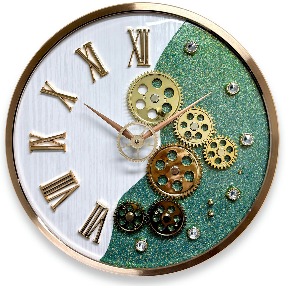 Victory Tasha Convex Glass Moving Gears Wall Clock Green White 36cm CBL-6855GN 2