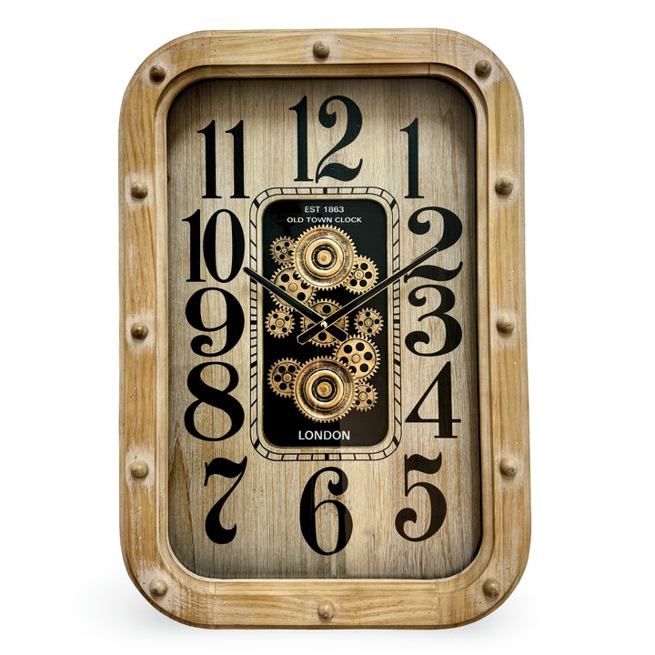 Victory Winston Thick Wood Frame Industrial Moving Gears Wall Clock 63cm CCM-1811 1