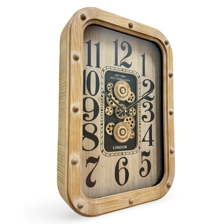 Victory Winston Thick Wood Frame Industrial Moving Gears Wall Clock 63cm CCM-1811 2