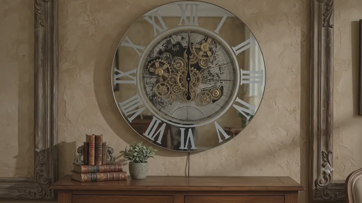 Chilli Decor Marco Map Mirrored Metal LED Moving Gears Wall Clock 80cm TQ-E95 Video