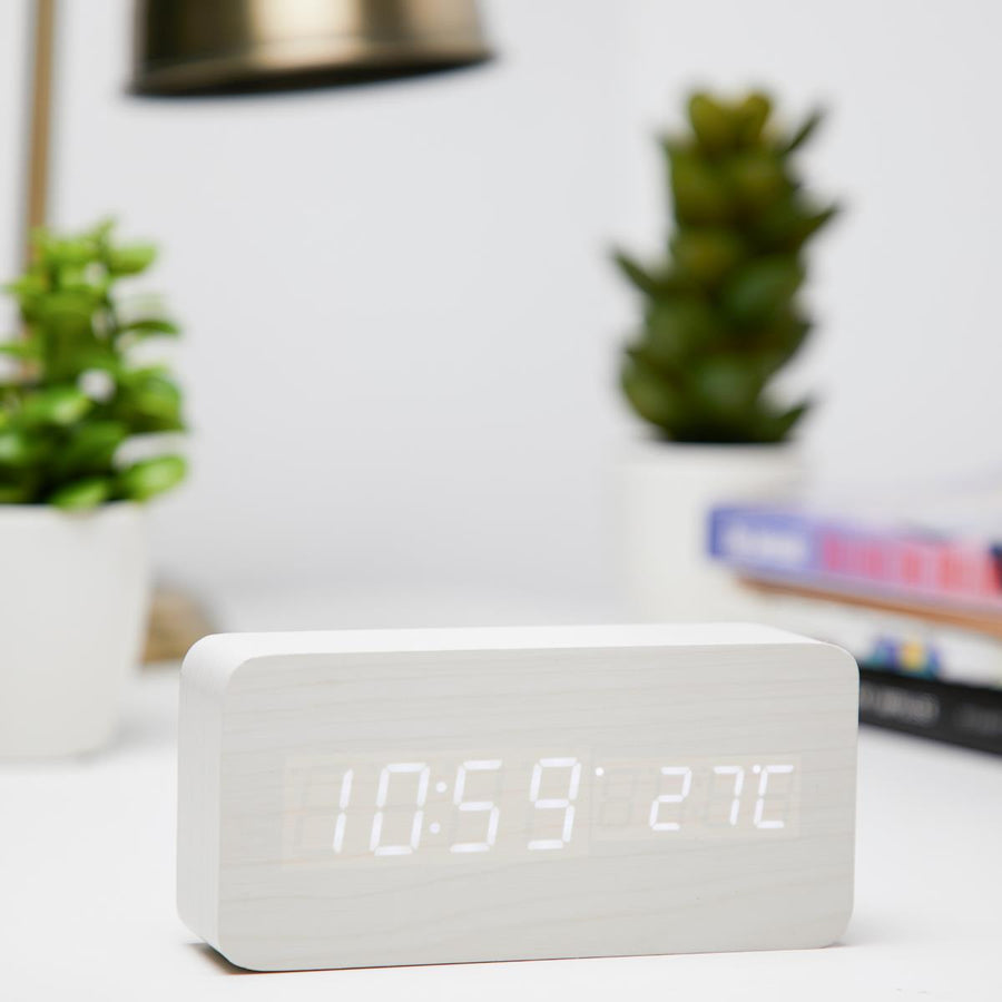 Checkmate LED Wood Cuboid Temperature Desk Clock White 15cm VGY 838W 11
