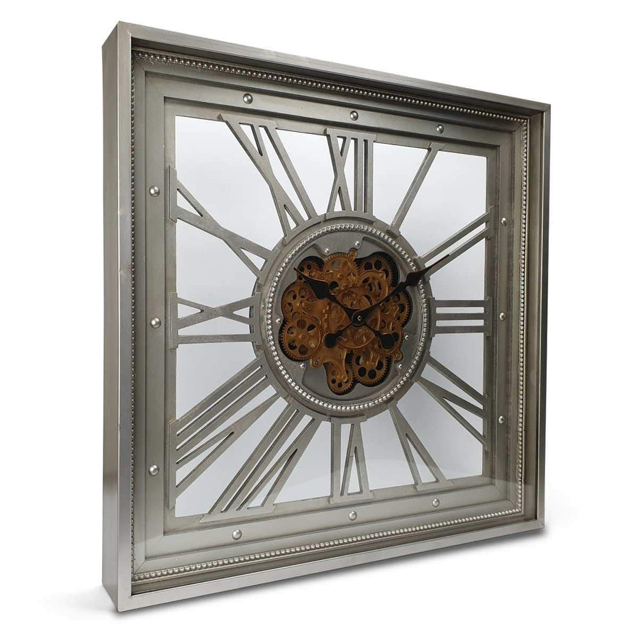 Victory Boreas Metal Extra Large Square Moving Gears Wall Clock Silver 80cm CCM 7024 1