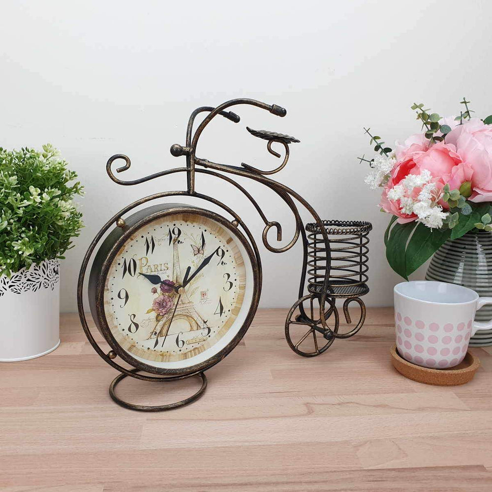 Victory Curtis Artistic Metal Bicycle Desk Clock Distressed Gold 32cm TAA 105B 2