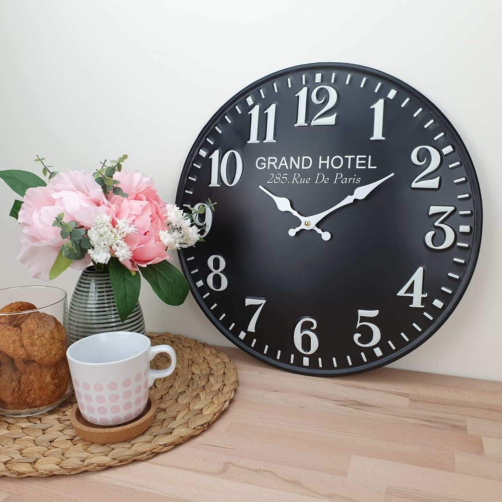 Victory Grand Hotel Embossed Numbers Domed Metal Wall Clock Black 40cm CHH 688B 2