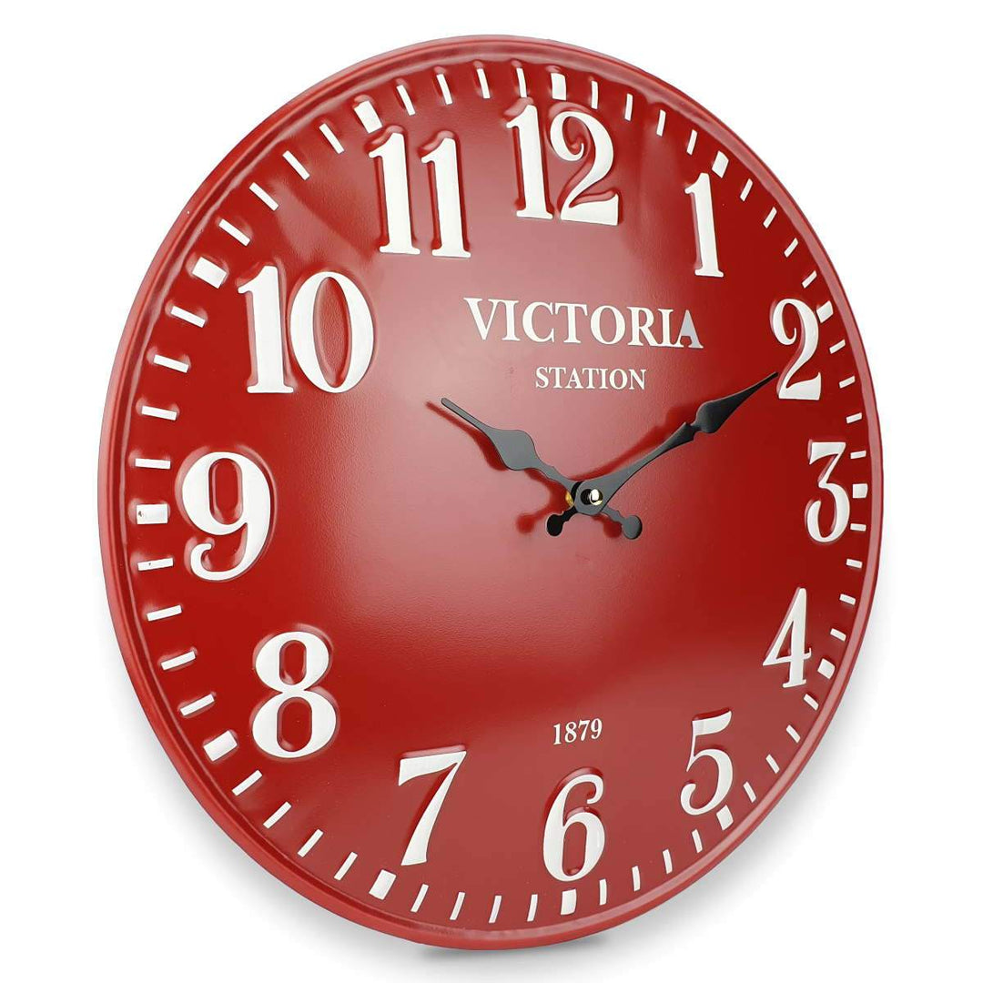 Victory Victoria Station Embossed Numbers Domed Metal Wall Clock Red 40cm CHH 688R 1