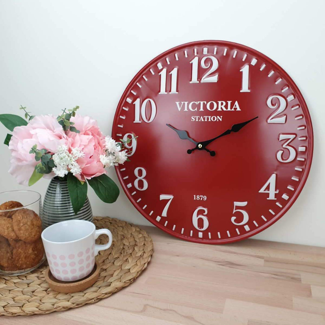 Victory Victoria Station Embossed Numbers Domed Metal Wall Clock Red 40cm CHH 688R 2