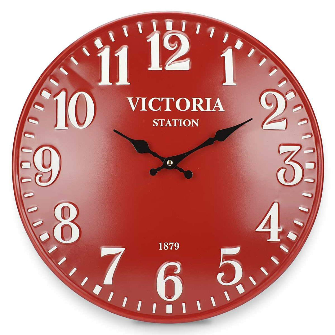 Victory Victoria Station Embossed Numbers Domed Metal Wall Clock Red 40cm CHH 688R 3