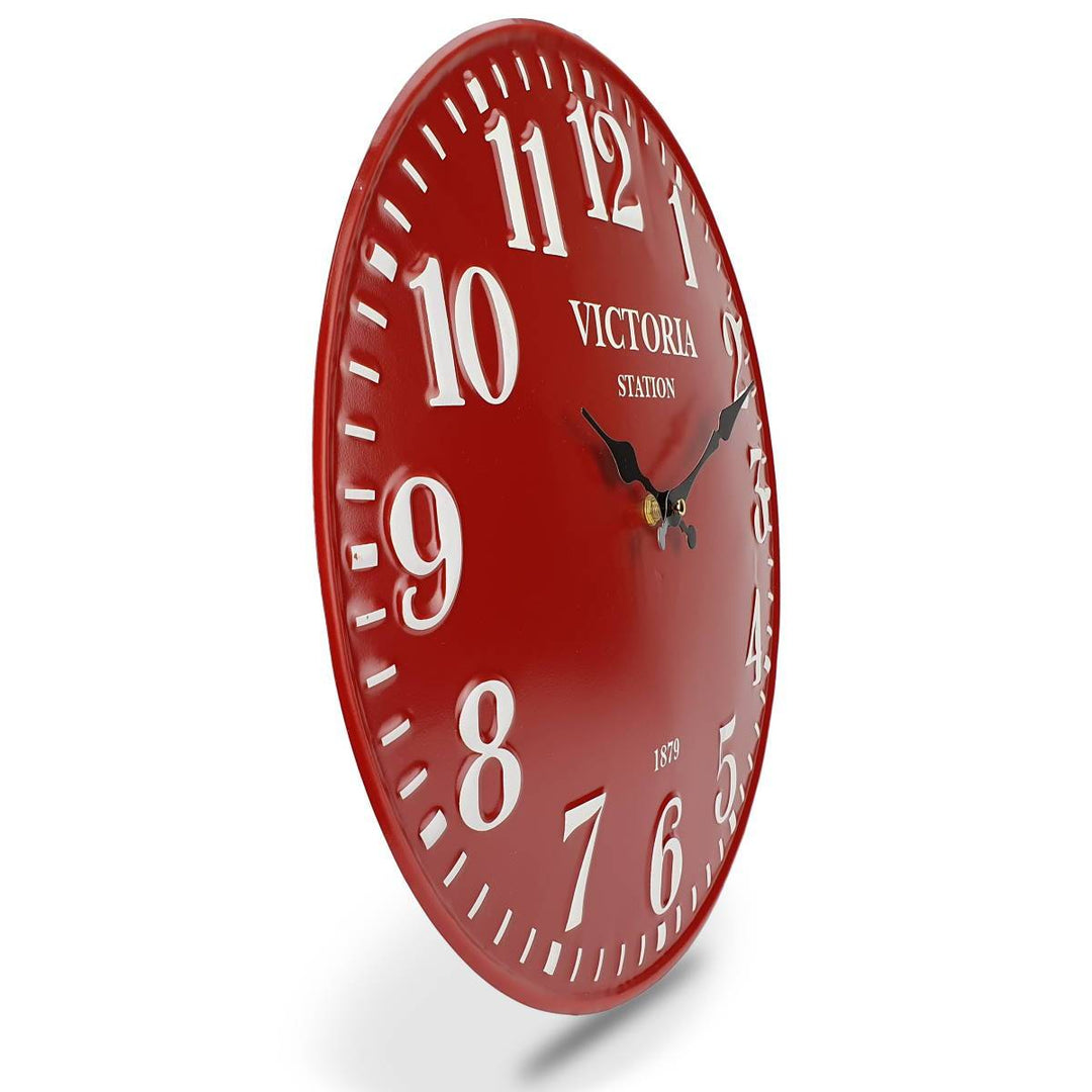Victory Victoria Station Embossed Numbers Domed Metal Wall Clock Red 40cm CHH 688R 4