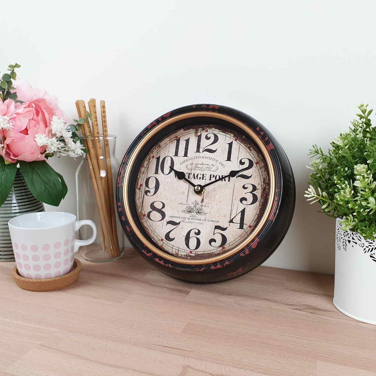 Victory Vintage Port Classic Distressed Metal Wall Clock Black 25cm CHH 226 2
