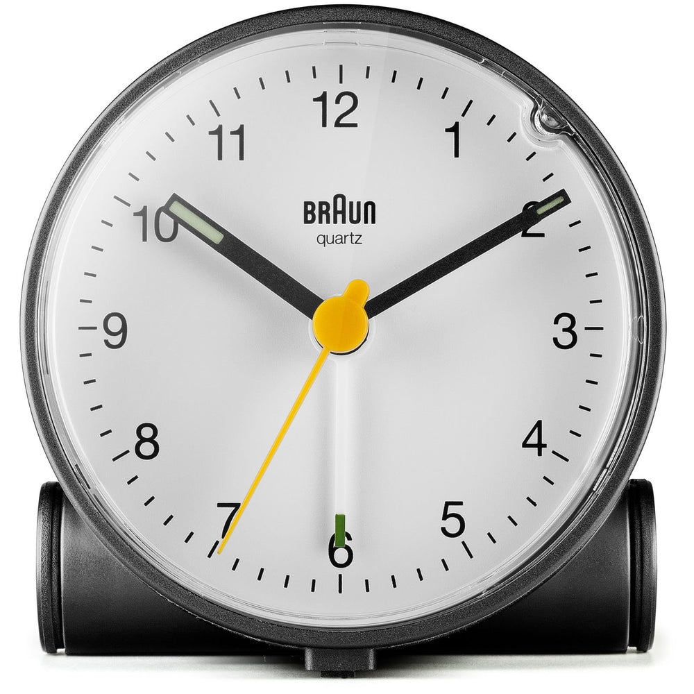 Braun Classic Analogue Alarm Clock Black Dial White Case 7cm BC01BW 1