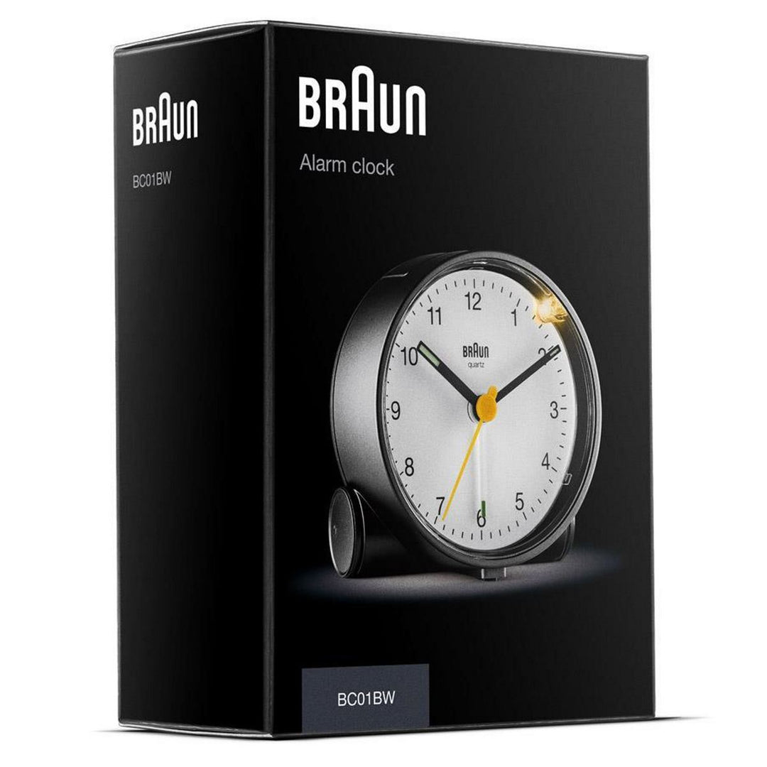 Braun Classic Analogue Alarm Clock Black Dial White Case 7cm BC01BW 7