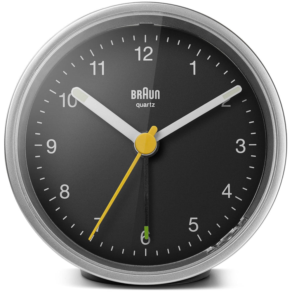 Braun Classic Round Analogue Alarm Clock Black Silver 8cm BC12SB 1