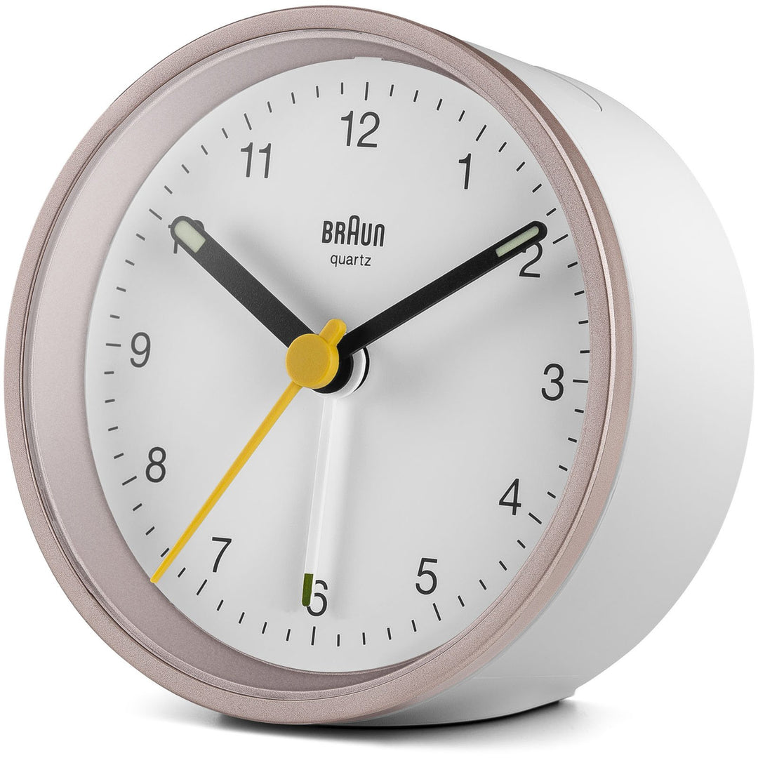 Braun Classic Round Analogue Alarm Clock White Pink 8cm BC12PW 2