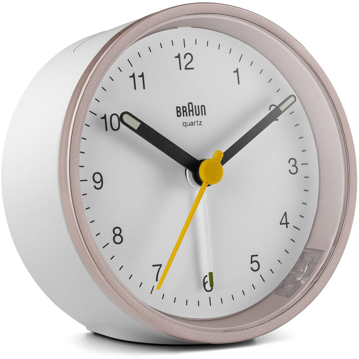 Braun Classic Round Analogue Alarm Clock White Pink 8cm BC12PW 3