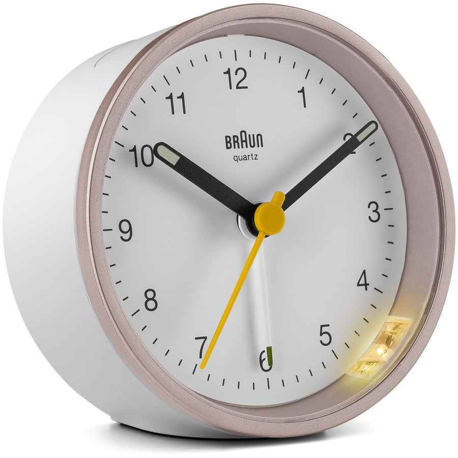 Braun Classic Round Analogue Alarm Clock White Pink 8cm BC12PW 4