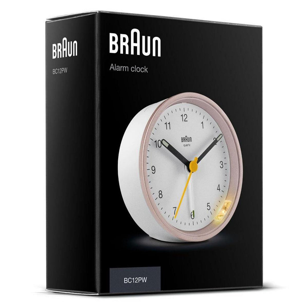 Braun Classic Round Analogue Alarm Clock White Pink 8cm BC12PW 7