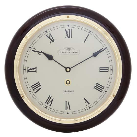 Cambridge Wooden Station Wall Clock Roman Gloss Dark Brown 32cm PW969-37R