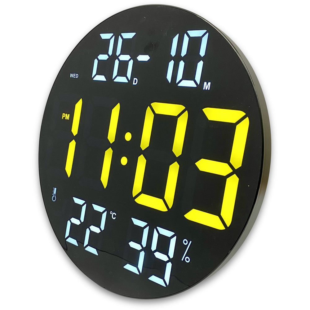 Checkmate Sylvie Day Date Temp Humidity USB LED Wall Desk Clock Yellow 30cm CGH-8011Y 2