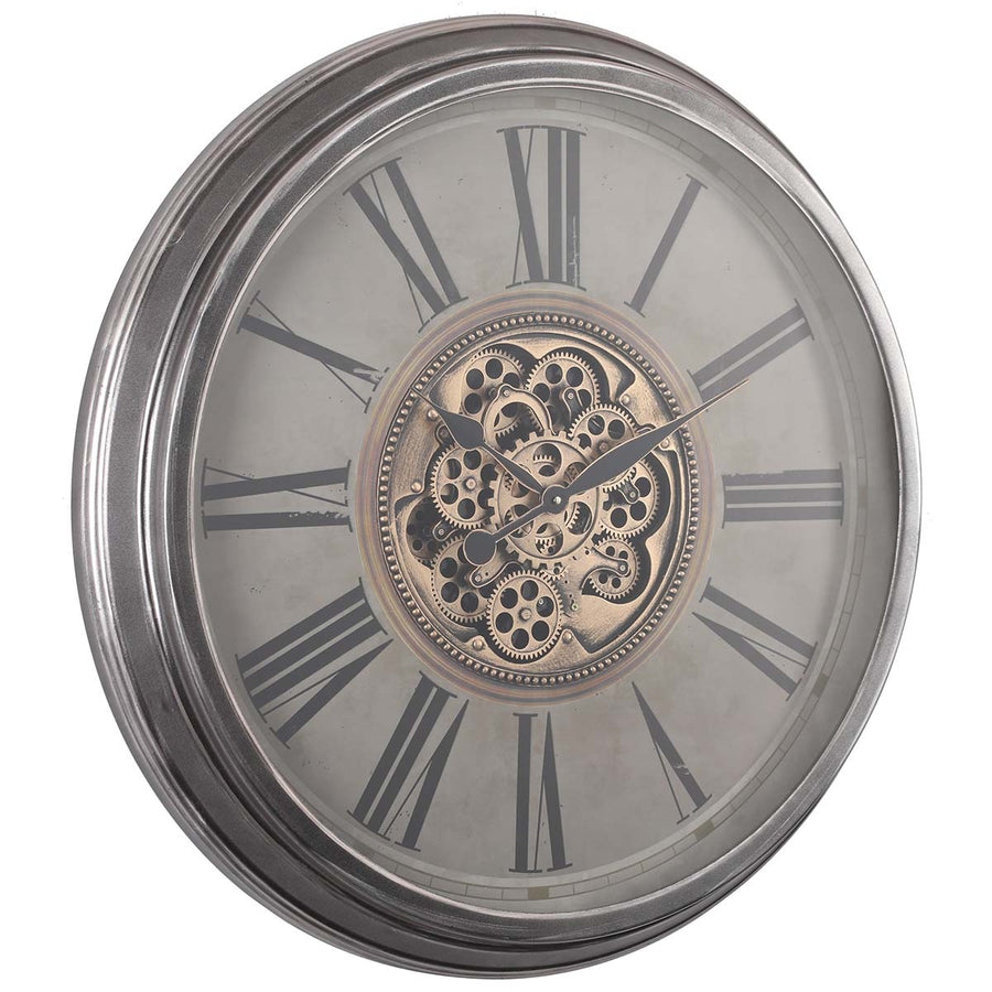 Chilli Decor Adriene Provincial Silver Washed Metal Moving Gears Wall Clock 83cm TQ-Y691 1