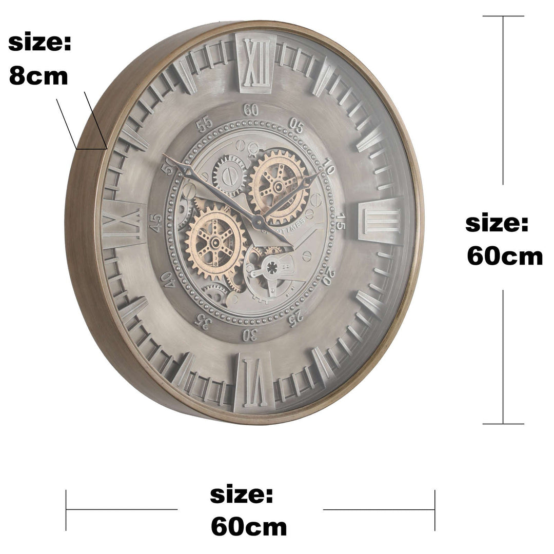 Chilli Decor Asgard Industrial Silver and Gold Metal Moving Gears Wall Clock 60cm TQ-Y738 6