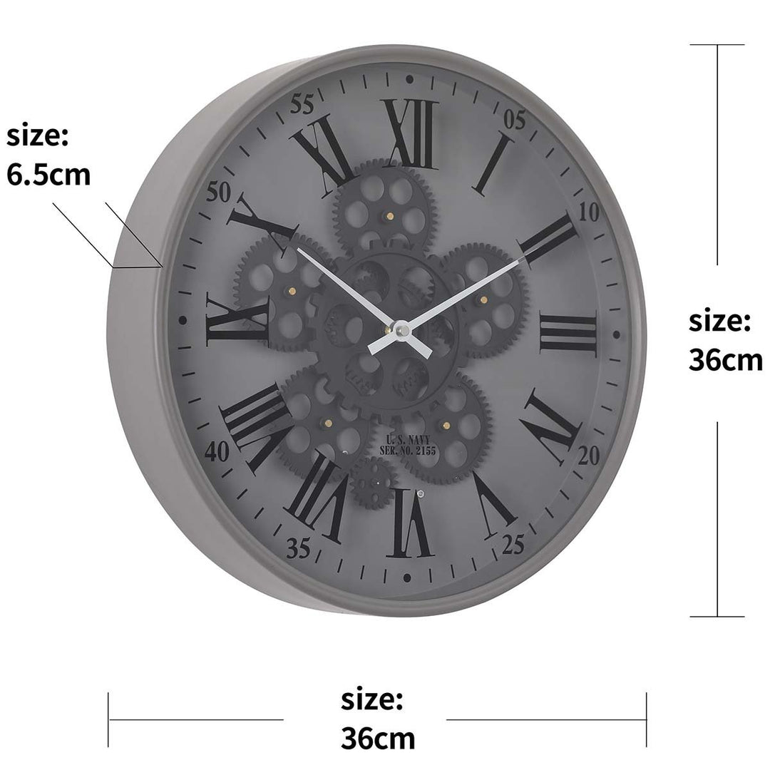 Chilli Decor Baron US Navy Grey Metal Moving Gears Wall Clock 36cm TQ-Y718 7