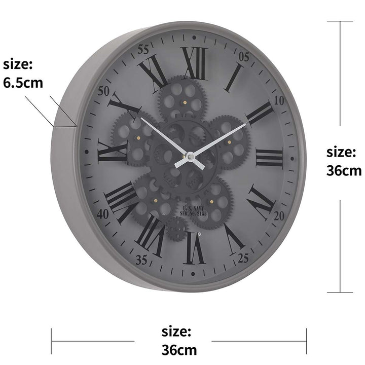 Chilli Decor Baron US Navy Grey Metal Moving Gears Wall Clock 36cm TQ-Y718 7