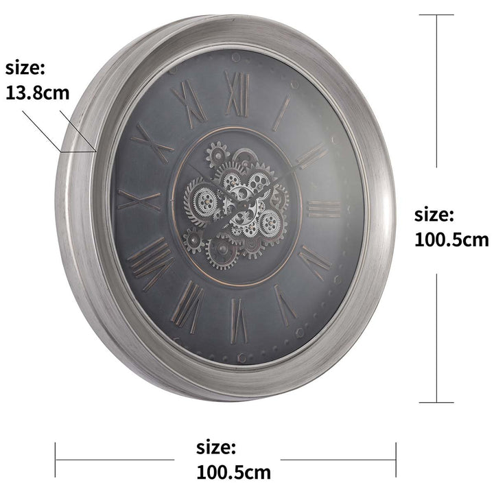 Chilli Decor Beal Giant Provincial Silver Black Wash Moving Gears Wall Clock 101cm TQ-Y706 6