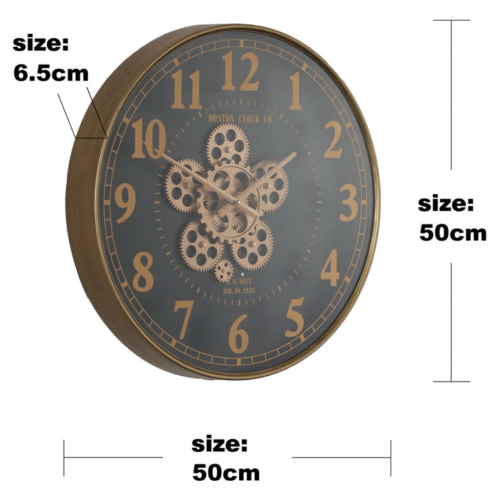 Chilli Decor Boston US Navy Gold and Black Metal Moving Gears Wall Clock 50cm TQ-Y735 6