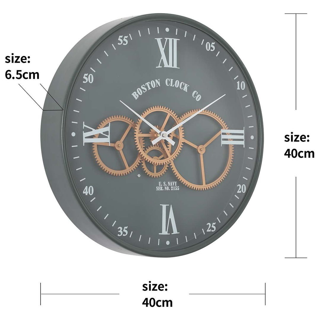 Chilli Decor Boston US Navy Green Metal Moving Gears Wall Clock 40cm TQ-Y716 7