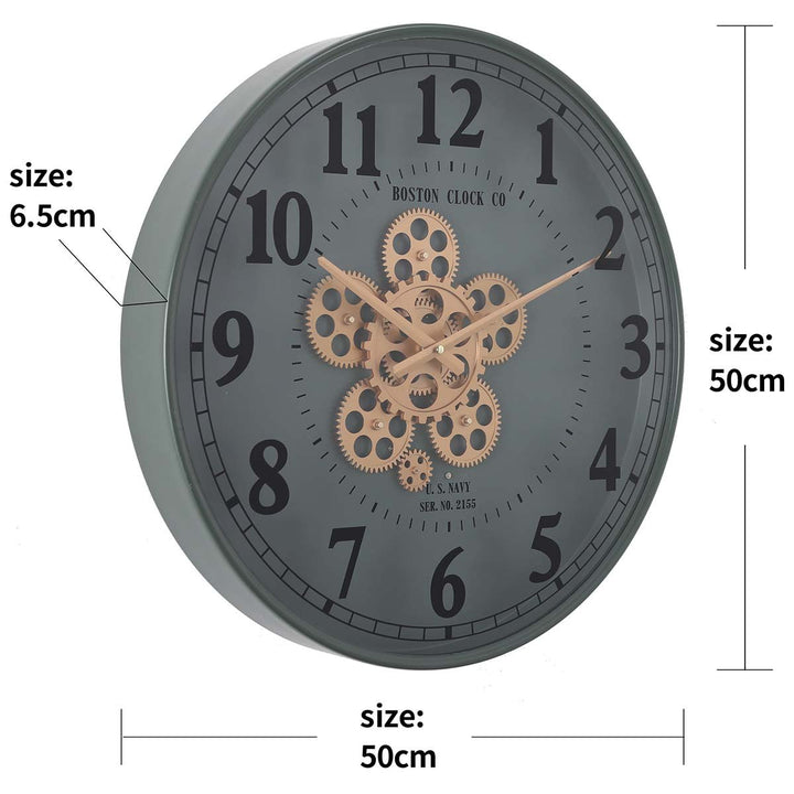 Chilli Decor Boston US Navy Green Metal Moving Gears Wall Clock 50cm TQ-Y686 6
