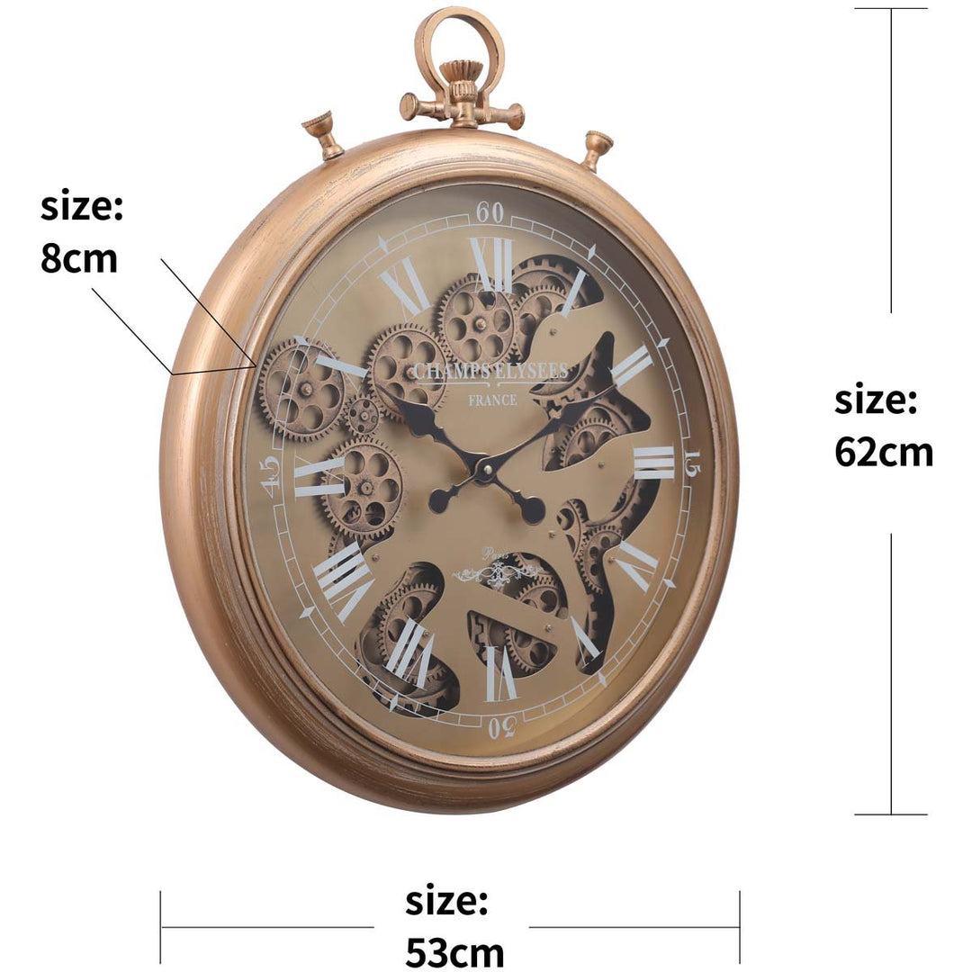 Chilli Decor Champs Elysees FOB Watch Metal Moving Gears Wall Clock Gold 62cm TQ-Y637 10