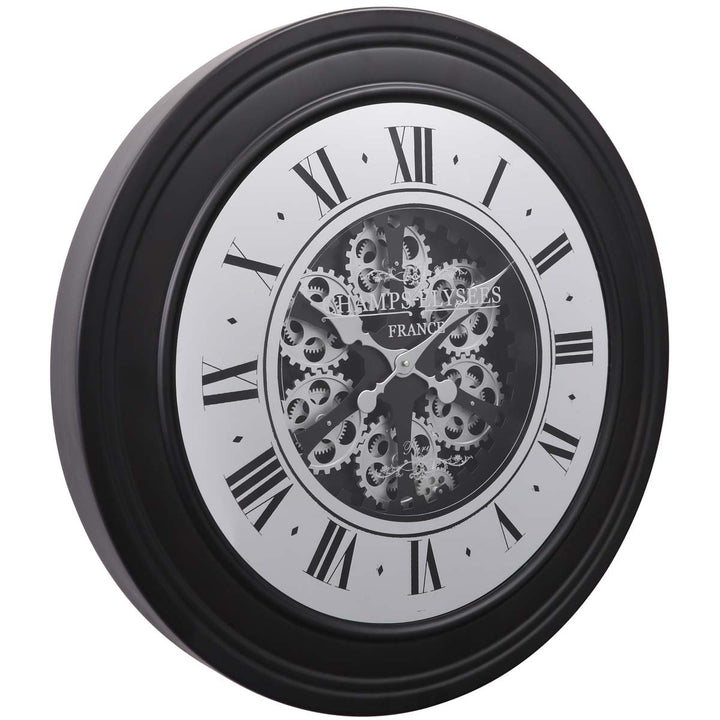 Chilli Decor Champs Elysees Mirrored Black Silver Moving Gears Wall Clock 80cm TQ-Y617 1