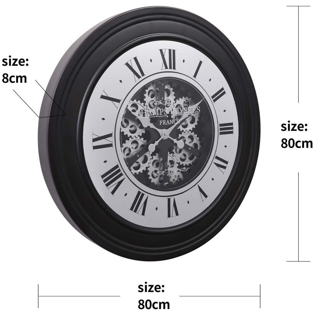 Chilli Decor Champs Elysees Mirrored Black Silver Moving Gears Wall Clock 80cm TQ-Y617 11