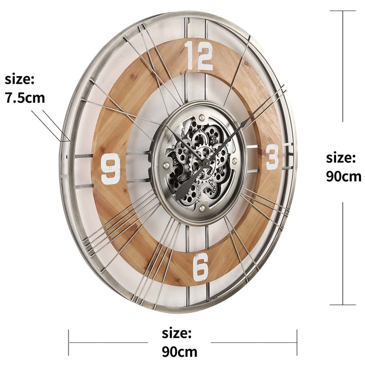 Chilli Decor Hampton Industrial Country Wood Metal Moving Gears Wall Clock 90cm TQ-Y692 8