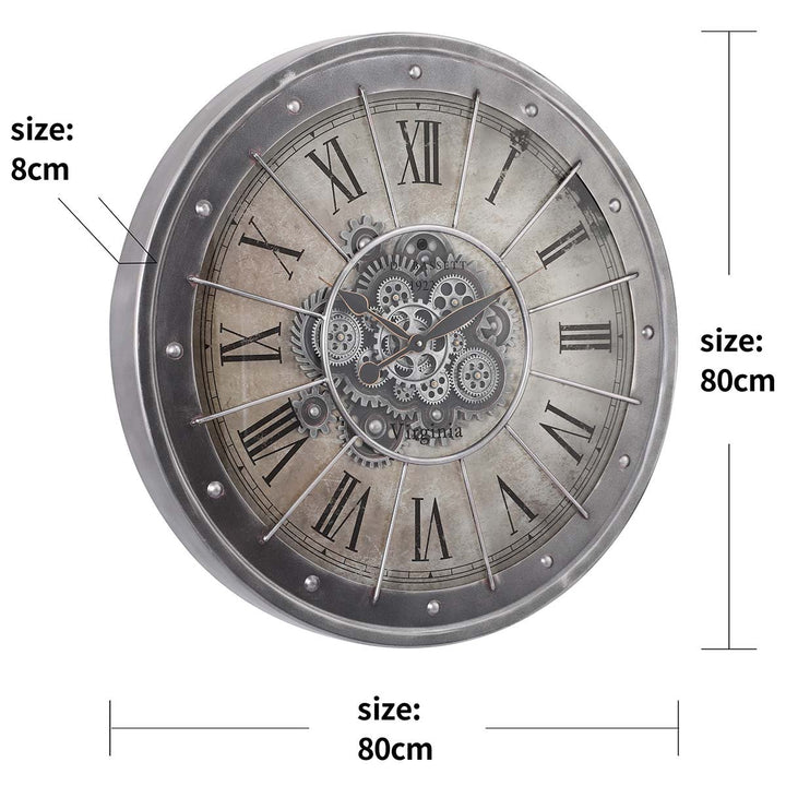 Chilli Decor JD Basset Industrial Metal Moving Gears Wall Clock Grey Wash 80cm TQ-Y709 8