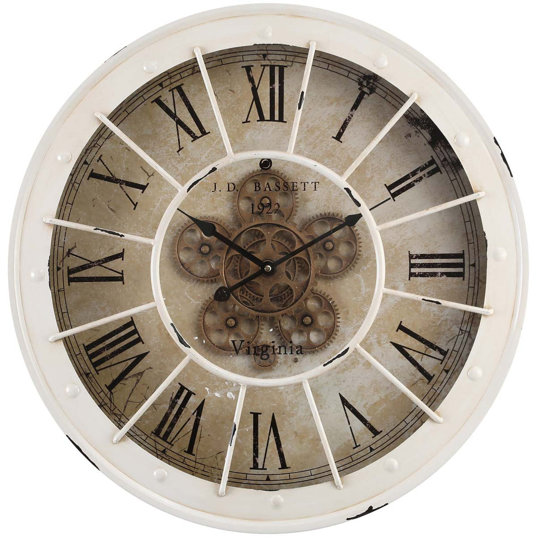 Chilli Decor JD Bassett Industrial White Wash Metal Moving Gears Wall Clock 60cm TQ-Y608 2