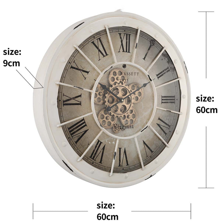 Chilli Decor JD Bassett Industrial White Wash Metal Moving Gears Wall Clock 60cm TQ-Y608 6