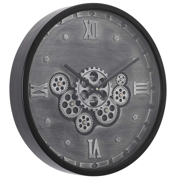 Chilli Decor Julian Inustrial Black Grey Wash Metal Moving Gears Wall Clock 46cm TQ-Y715 1