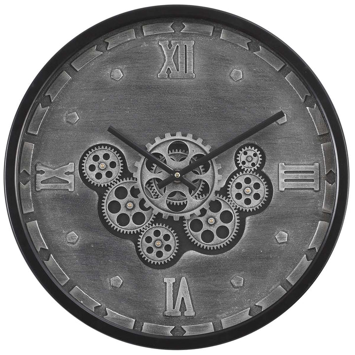 Chilli Decor Julian Inustrial Black Grey Wash Metal Moving Gears Wall Clock 46cm TQ-Y715 2