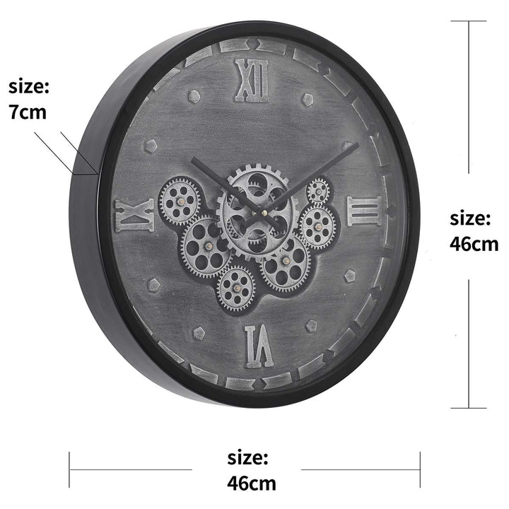 Chilli Decor Julian Inustrial Black Grey Wash Metal Moving Gears Wall Clock 46cm TQ-Y715 7