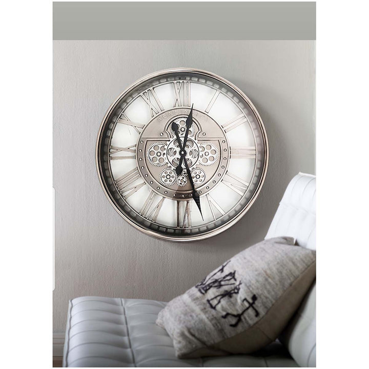 Chilli Decor Kensington Industrial Silver Wash Iron Moving Gears Wall Clock 55cm TQ-Y695 5