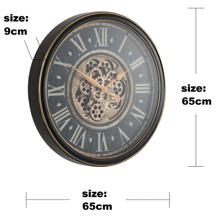 Chilli Decor Kingsley Industrial Black and Gold Metal Moving Gears Wall Clock 65cm TQ-Y740 6