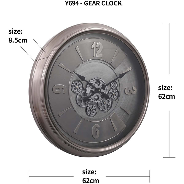 Chilli Decor Leroy Industrial Silver Wash Metal Moving Gears Wall Clock 62cm TQ-Y694 7