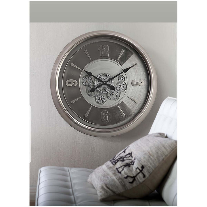 Chilli Decor Leroy Industrial Silver Wash Metal Moving Gears Wall Clock 62cm TQ-Y694 8