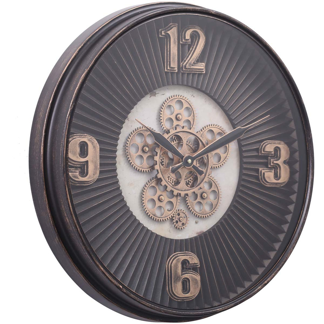 Chilli Decor Marcus Grooved Gold Black Wash Metal Moving Gears Wall Clock 55cm TQ-Y702 1