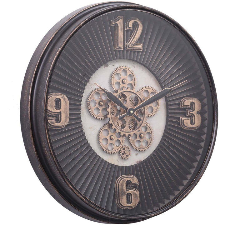 Chilli Decor Marcus Grooved Gold Black Wash Metal Moving Gears Wall Clock 55cm TQ-Y702 1